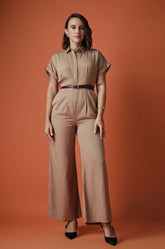 CINCHED WAIST JUMPSUIT - BEIGE